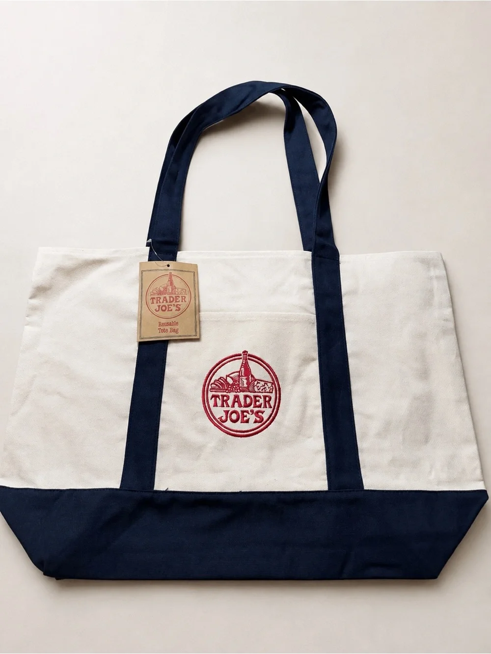 Trader Joe’s Canvas Boat Tote Bag Navy Blue & Natural Embroidered Logo- NWT